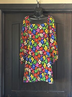 Bright Multi-Color Floral Square Neck Dress